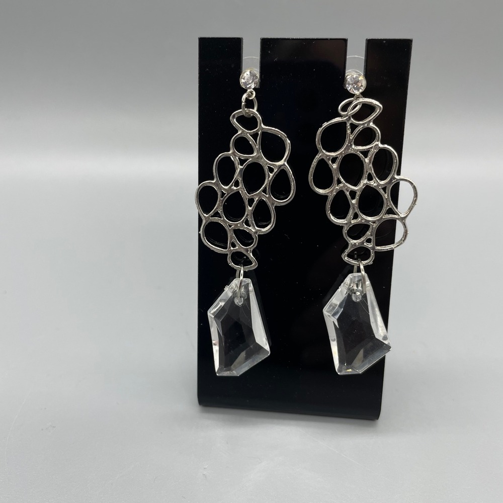 Silver Tone Openwork Honeycomb Drop Earrings with Clear Geometric Crystal Dangle